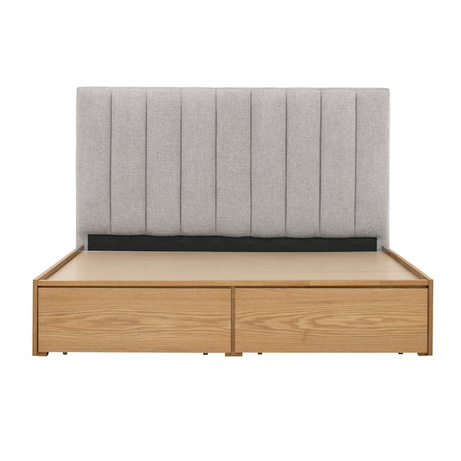 Zephyr 4 Drawer Queen Bed in Oak, Grey Mist with 2 Kyoto Single Shelf Slim Bedside Table in Oak - 6 - modern bed frame