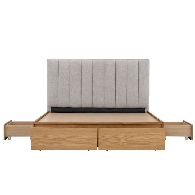 Zephyr 4 Drawer Queen Bed in Oak, Grey Mist with 2 Kyoto Single Shelf Slim Bedside Table in Oak - 8 - modern bed frame