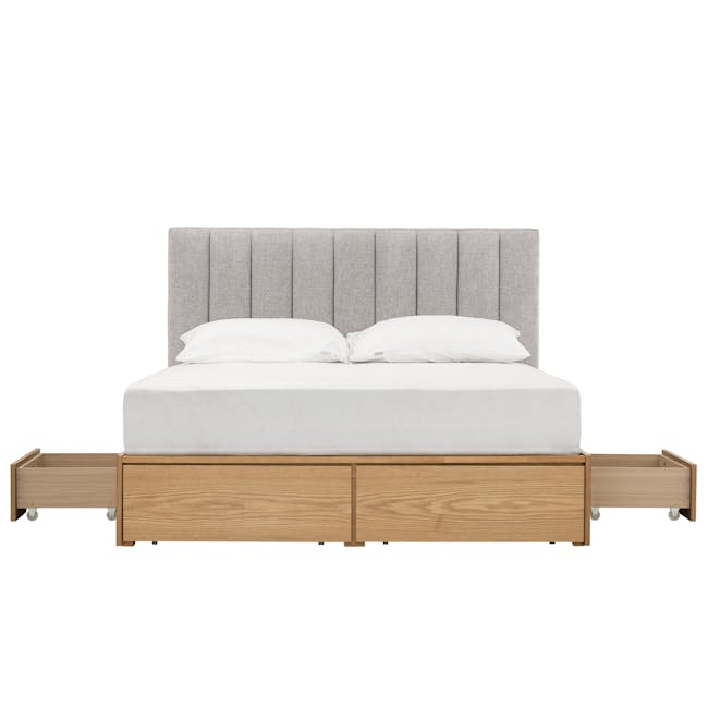 Zephyr 4 Drawer Queen Bed in Oak, Grey Mist with 2 Kyoto Single Shelf Slim Bedside Table in Oak - 7 - Modern minimalist bed