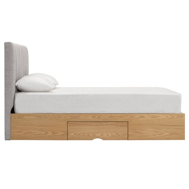 Zephyr 4 Drawer Queen Bed in Oak, Grey Mist with 2 Kyoto Single Shelf Slim Bedside Table in Oak - 9 - Modern minimalist bed