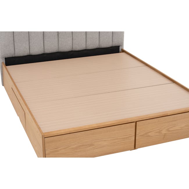 Zephyr 4 Drawer Queen Bed in Oak, Grey Mist with 2 Kyoto Single Shelf Slim Bedside Table in Oak - 10 - Wooden bed frame
