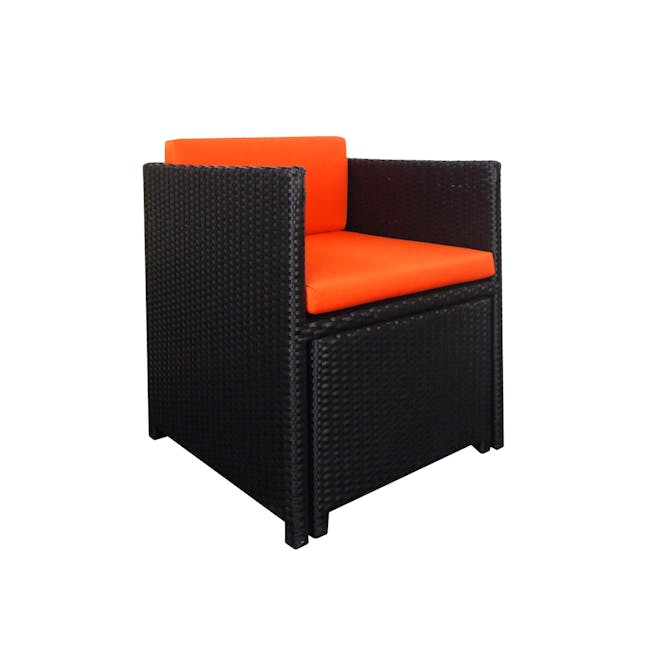 Splendor 1 Seater Armchair + 1 Ottoman - Orange Cushion - 2 - Woven outdoor chair, black and orange color scheme, textured