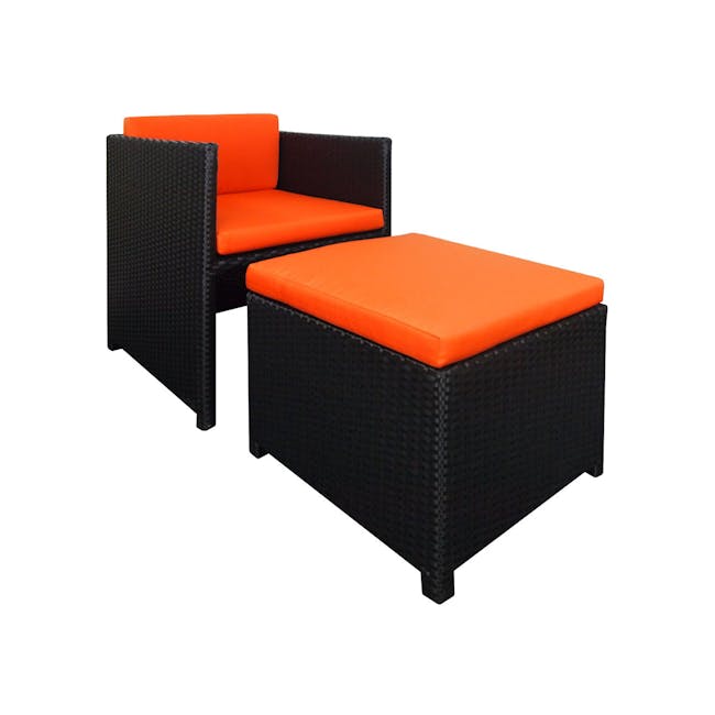 Splendor 1 Seater Armchair + 1 Ottoman - Orange Cushion - 1 - Woven outdoor sofa, vibrant orange cushions, black wicker