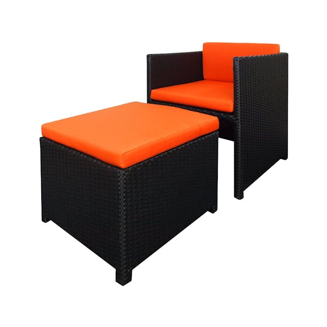 Splendor 1 Seater Armchair + 1 Ottoman - Orange Cushion - 4 - Woven outdoor sofa, black and orange color scheme, comfortable