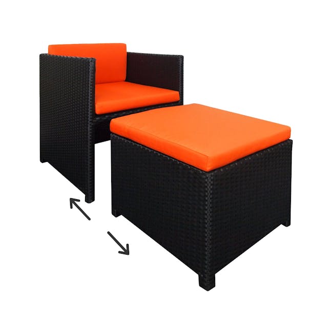 Splendor 1 Seater Armchair + 1 Ottoman - Orange Cushion - 3 - Woven outdoor sofa, vibrant orange cushions, black wicker