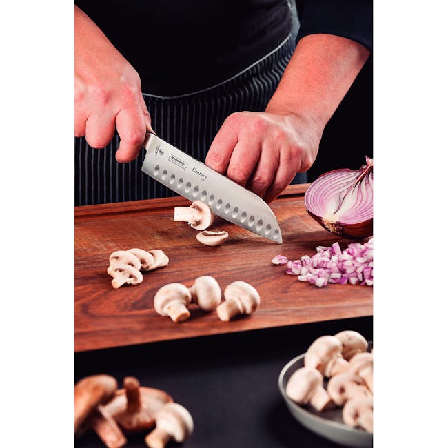 Tramontina Century 7" Cook's Knife - 5 - Mushrooms, chef's knife, cutting board, red onion, sliced mushrooms, fresh produce