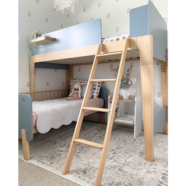 Natty Boori Single Loft Bed - Cherry & Almond - 4 - Wooden bunk bed with blue headboard, light wood ladder, pastel