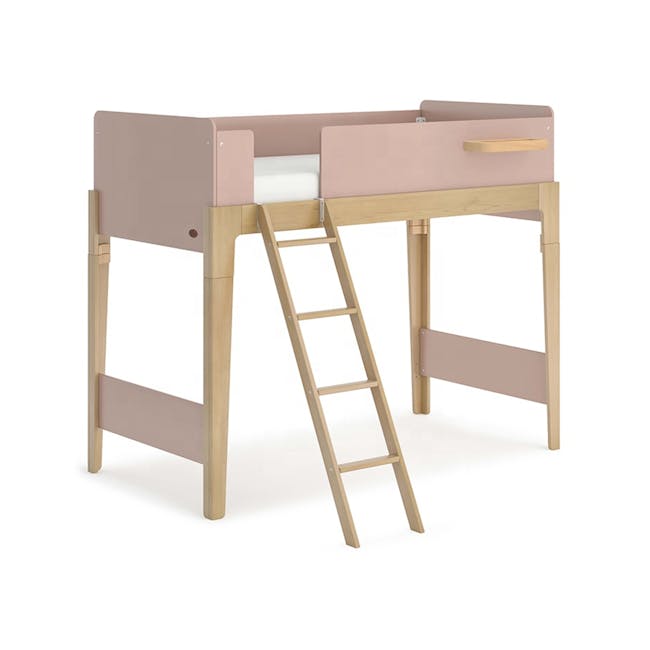 Natty Boori Single Loft Bed - Cherry & Almond - 1 - Wooden bunk bed with soft pink headboard and footboard, built-in storage