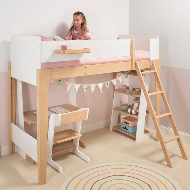 Natty Boori Single Loft Bed - Cherry & Almond - 2 - Children's bunk bed with wooden frame, pink and white color scheme