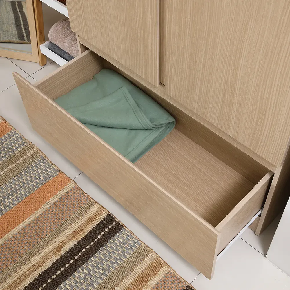 Firoh 2 Door Wardrobe with 1 Drawer - 9 - Wooden drawer, neatly folded towel, light brown cabinet, open drawer, beige