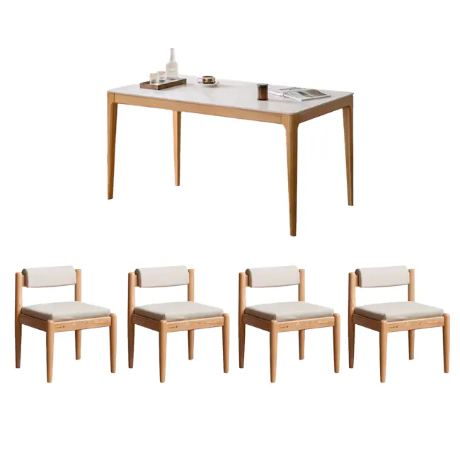 Adelyn Dining Table 1.4m (Sintered Stone) with 4 Niel Chairs in Oak - 1 - Wooden dining table, minimalist design, light wood