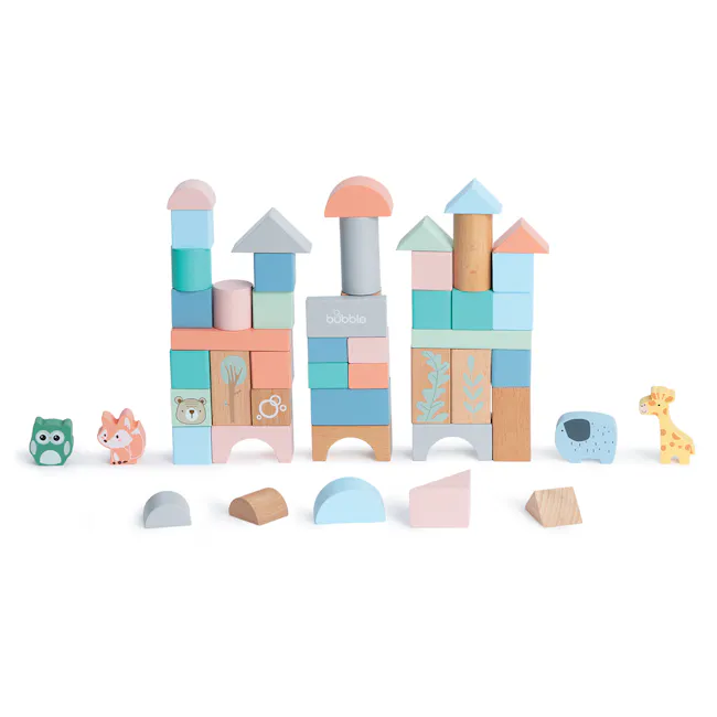 Bubble Wooden Activity Blocks - 5 - Colorful wooden toy structure, playful design, child-friendly, pastel colors, geometric