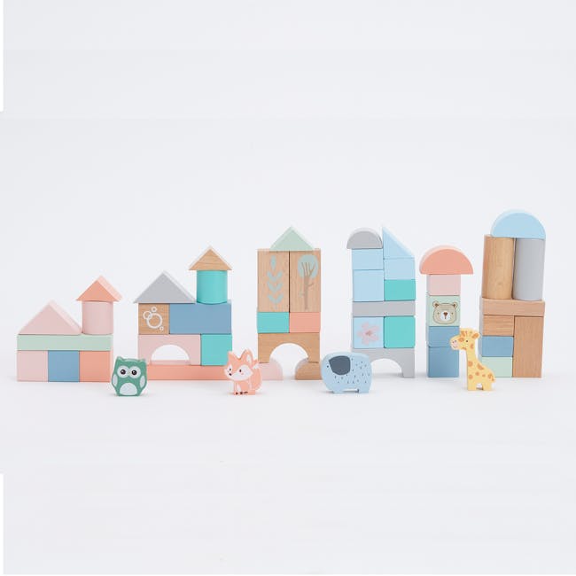 Bubble Wooden Activity Blocks - 11 - Colorful wooden toy houses, pastel-colored blocks, playful animal figures, small owl