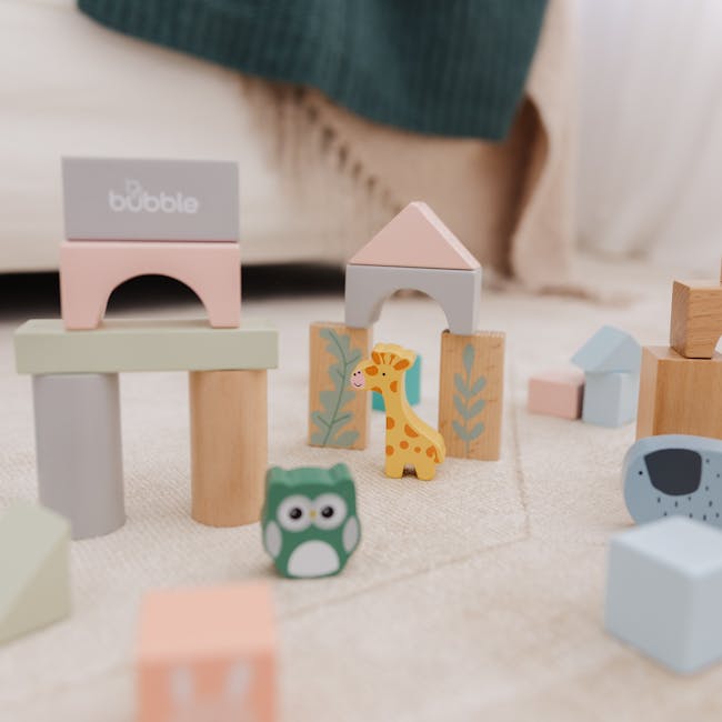 Bubble Wooden Activity Blocks - 9 - toy giraffe, wooden blocks, colorful playset, small animal, green owl, pastel colors