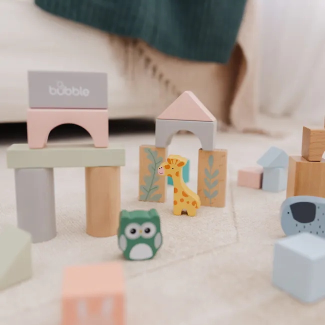 Bubble Wooden Activity Blocks - 9 - toy giraffe, wooden blocks, colorful playset, small animal, green owl, pastel colors