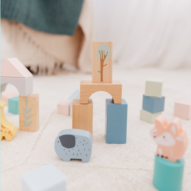 Bubble Wooden Activity Blocks - 2 - Wooden toys, child-friendly, colorful blocks, playful environment, wooden arch, tree