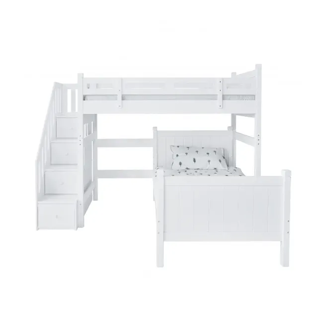 Matt Super Single High Loft Bed with Staircase - 2 - White bunk bed with wooden slats, white painted finish, two-level