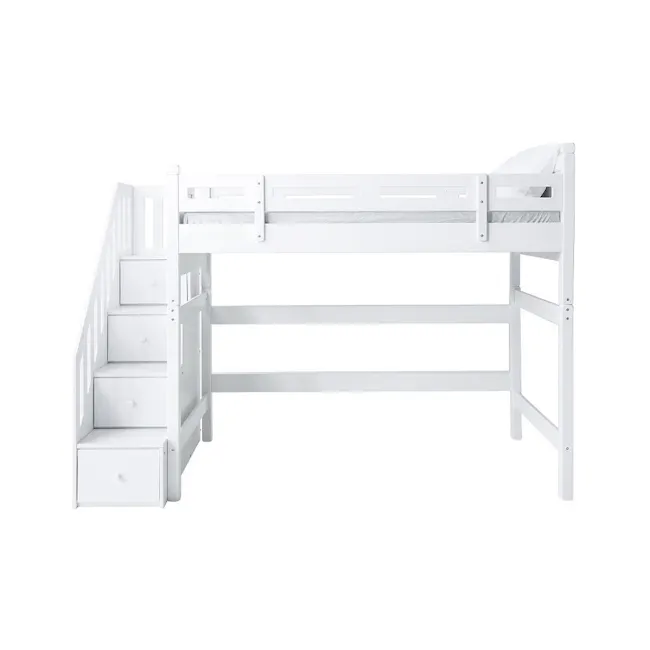 Matt Super Single High Loft Bed with Staircase - 1 - White bunk bed with integrated stairs, minimalist design, two-level