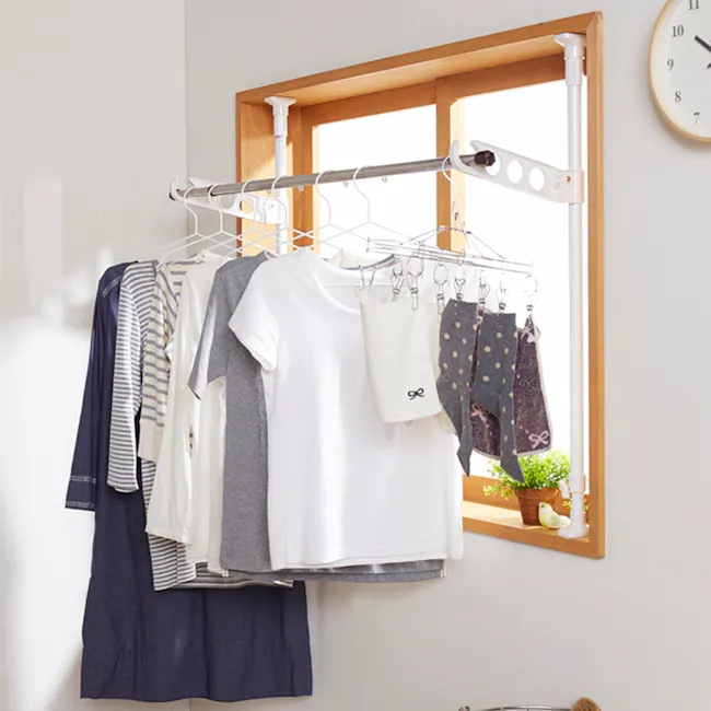 HEIAN Laundry Pole Holder Stand - 5 - white clothes, hanging, white t-shirt, gray t-shirt, striped shirt, navy blue skirt