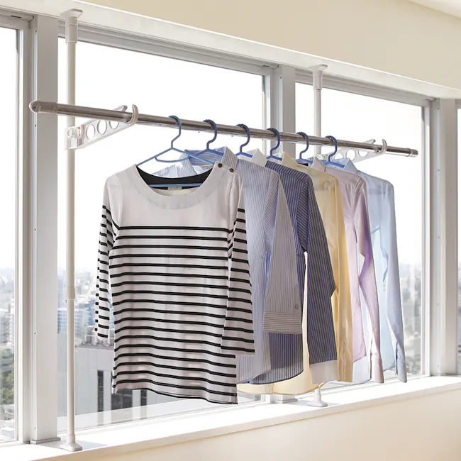 HEIAN Laundry Pole Holder Stand - 2 - striped shirt, window seat, clothes rack, indoor setting, bright day, city view