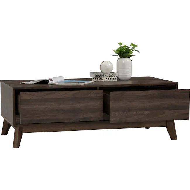 Herschel Coffee Table - Walnut - 7 - Dark wood side table, minimalist design, open drawer, magazine, white vase, green