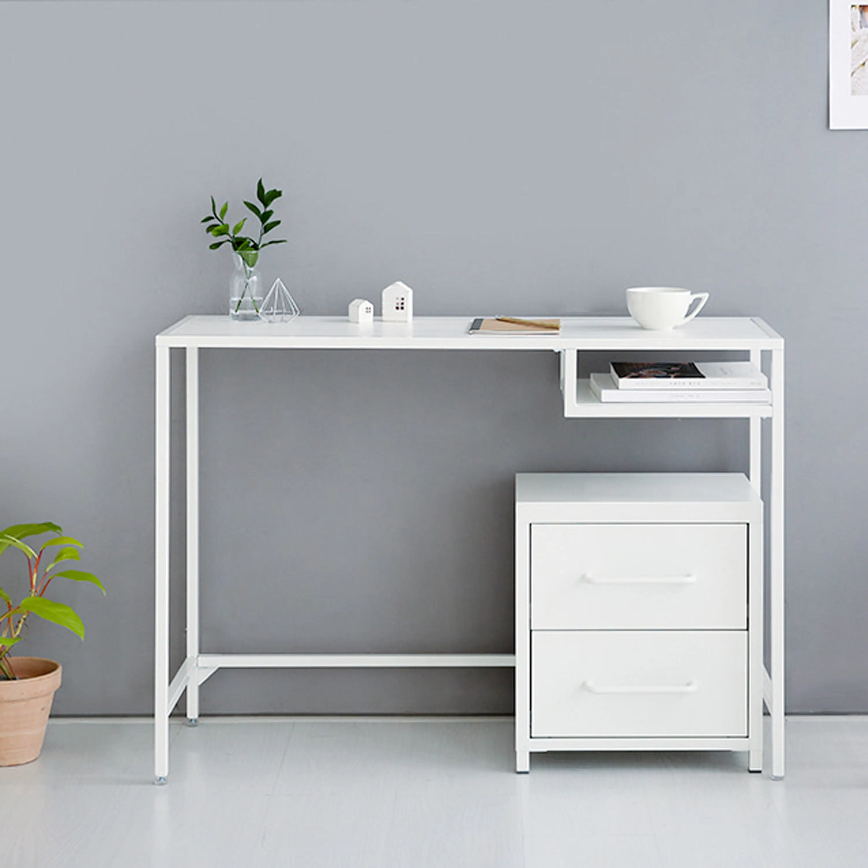 Temdo Study Table 1m - 11 - modern minimalist desk, white shelving unit, clean design, contemporary furniture, simple decor