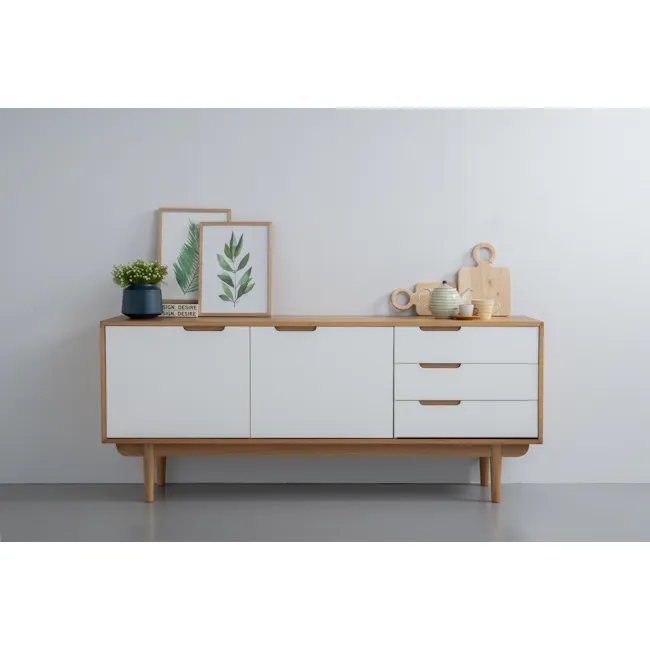 Larisa Sideboard 1.8m - Oak, White - 2 - Wooden sideboard, minimalist design, white drawers, wooden legs, framed artwork