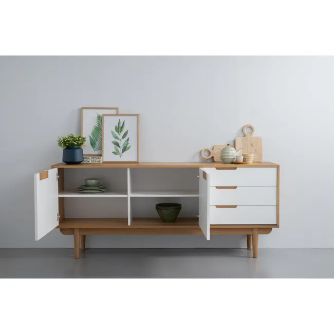 Larisa Sideboard 1.8m - Oak, White - 3 - Shelf with framed botanical prints, small potted plant, wooden cutting board