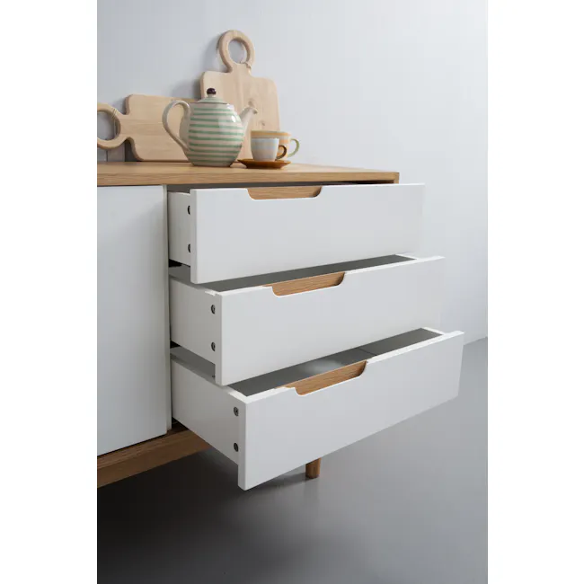 Larisa Sideboard 1.8m - Oak, White - 5 - White kitchen drawer, minimalist design, wooden handles, modern aesthetic, white