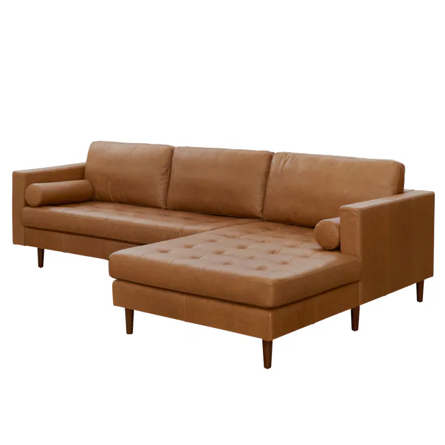 Nolan L-Shaped Sofa - Penny Brown (Premium Aniline Leather) - 3 - Leather sofa, brown upholstery, tufted design, modern