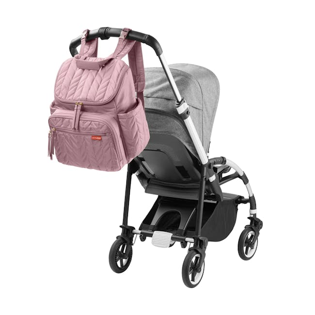 Skip Hop Forma Nappy Backpack - Mauve Mist - 8 - Pink quilted backpack, stroller with gray cushion, black and white stroller