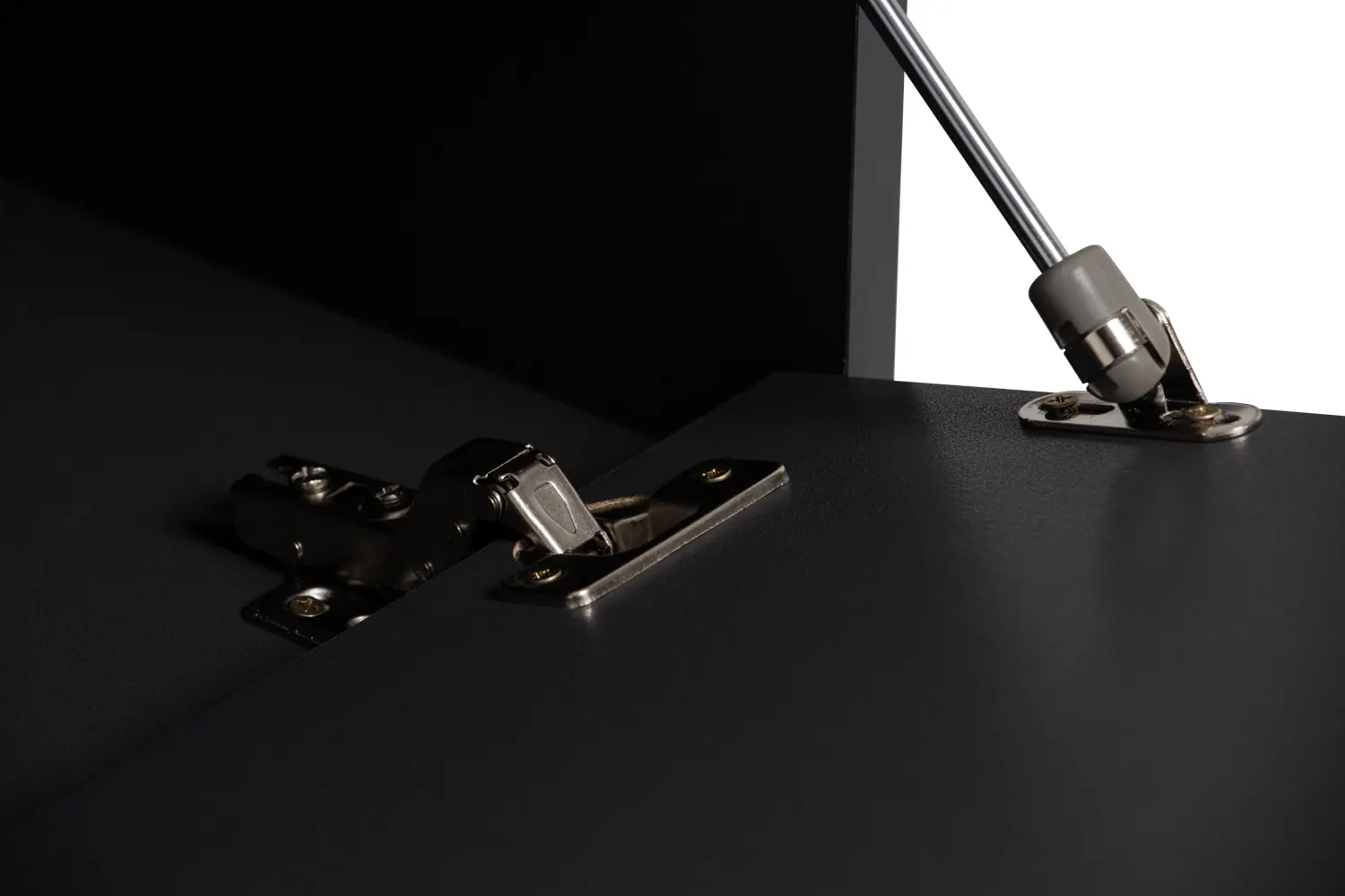 Volos TV Console 1.8m - 11 - Metallic hinge, black surface, dark shadows, industrial design, precision engineering, sturdy