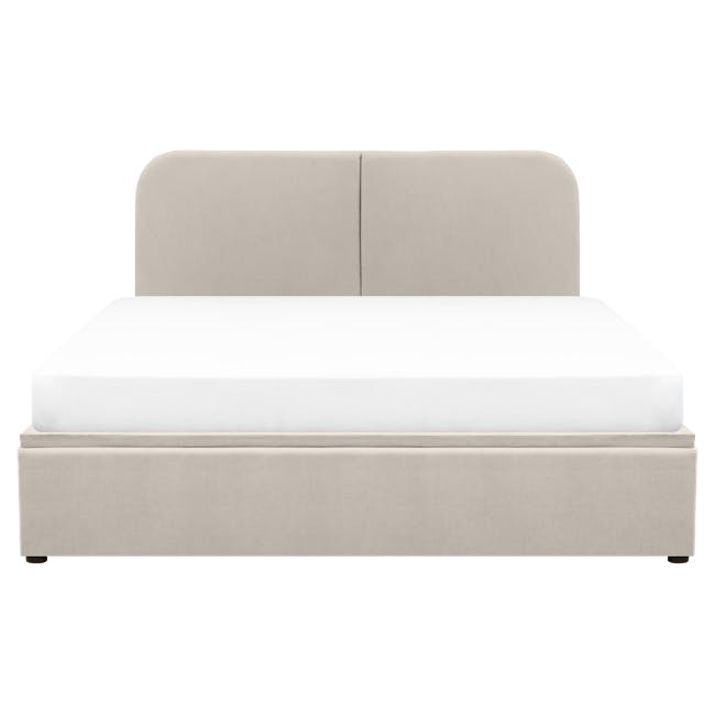 Nolan King Storage Bed - Oatmeal - 1 - Modern minimalist bed with beige upholstered headboard and white mattress, clean and