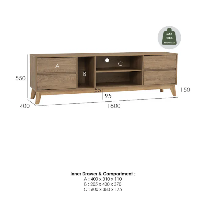 Herschel TV Console 1.8m - Natural - 9 - Wooden TV Stand, Adjustable Height, 400 x 310 x 110, 205 x 400 x 370, 600 x 380 x