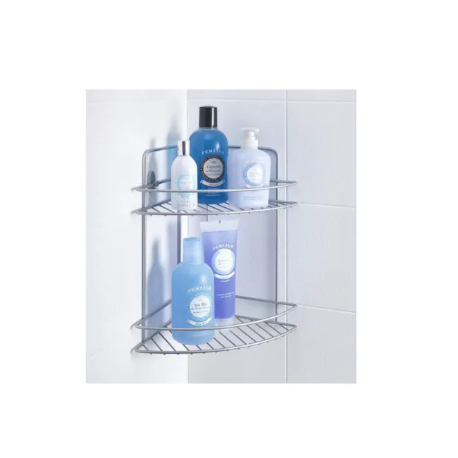 Metaltex Relex 2 Tier Corner Shelf - Silver - 2 - Bathroom shelf, skincare products, wall-mounted display, blue bottles