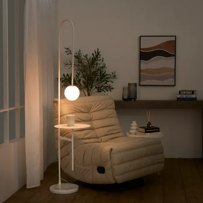 Cilja Floor Lamp with Side Table - White - 2