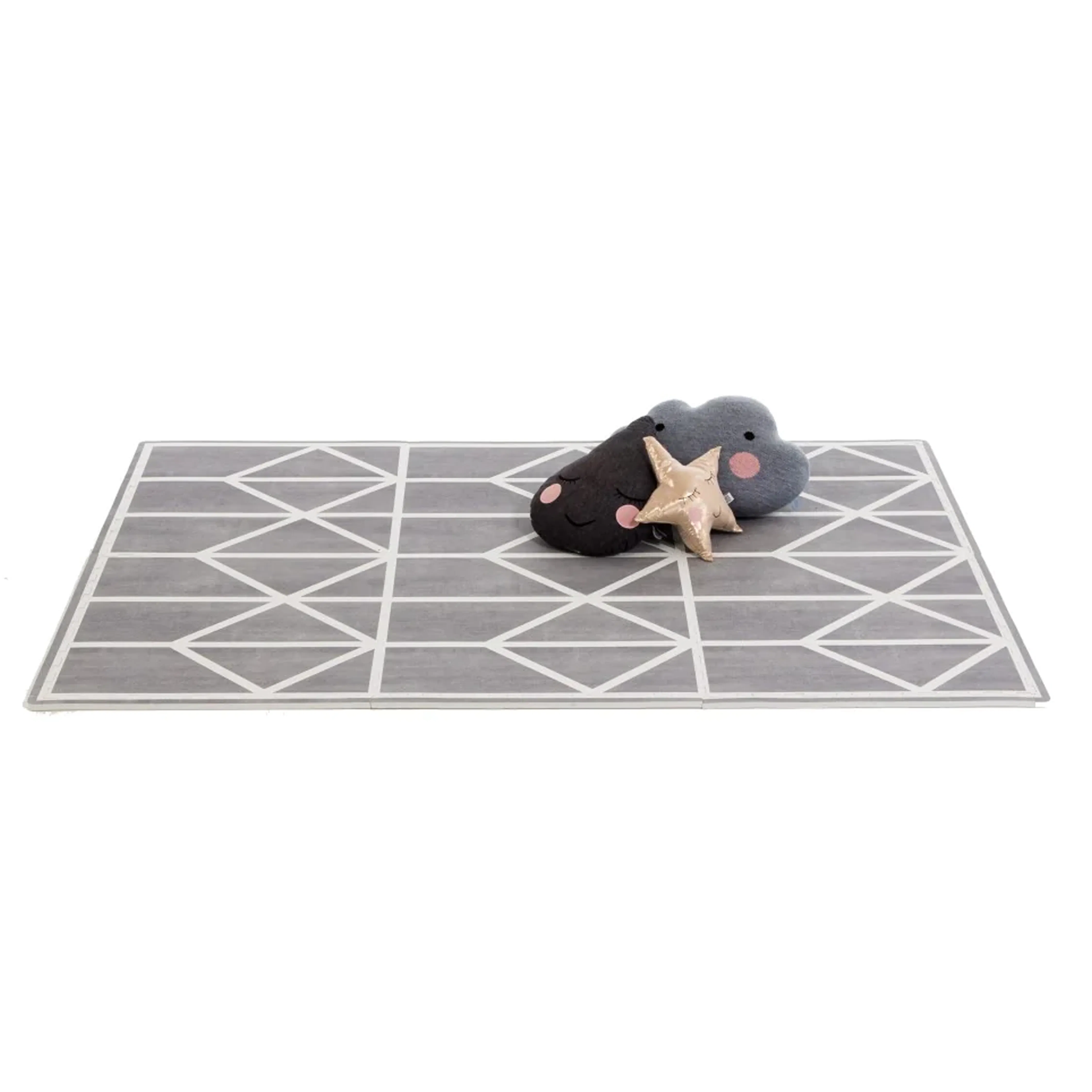 Toddlekind Premium Foam Modular Play Mat - Nordic, Pebble - 9 - Gray geometric patterned rug, plush animal pillows, black