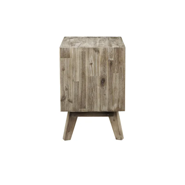 Leland Twin Drawer Bedside Table - 4 - Wooden side table, rustic design, natural wood finish, textured surface, wooden legs