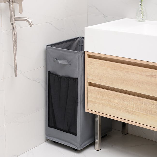 Mason Laundry Hamper with Wheels - Black - 3 - Gray laundry basket, white marble tiles, modern bathroom, wooden vanity