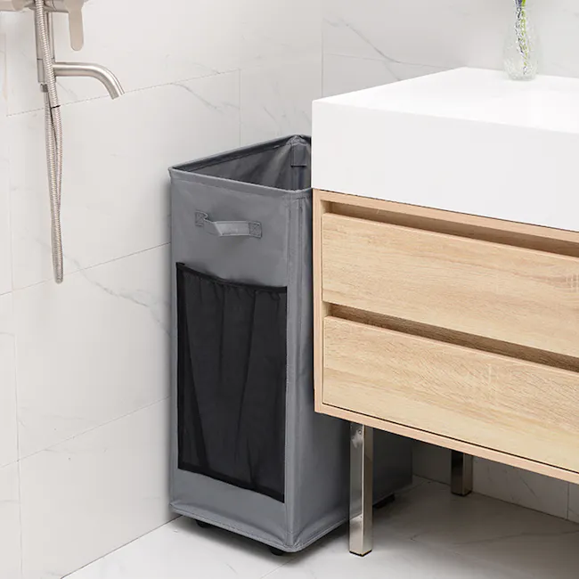 Mason Laundry Hamper with Wheels - Black - 3 - Gray laundry basket, white marble tiles, modern bathroom, wooden vanity