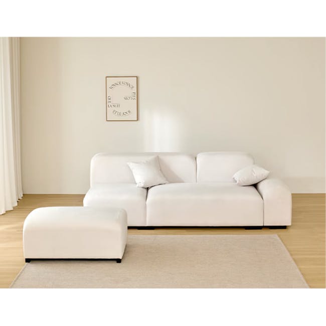 Sono 4 Seater Chaise Sofa - Ivory (Pet Friendly) - 21 - White modern sofa, minimalist decor, light beige rug, soft natural