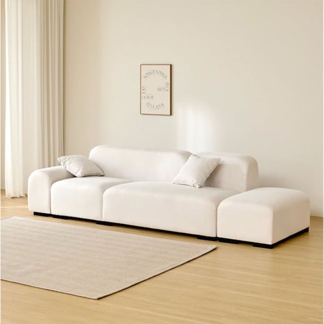 Sono 4 Seater Chaise Sofa - Ivory (Pet Friendly) - 3 - White modern sofa, minimalist decor, light beige rug, light wooden