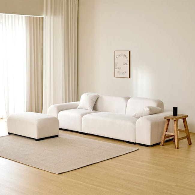 Sono 4 Seater Chaise Sofa - Ivory (Pet Friendly) - 4 - White modern sofa, minimalist decor, light beige rug, soft natural