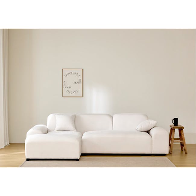 Sono 4 Seater Chaise Sofa - Ivory (Pet Friendly) - 11 - White modern sofa, minimalist decor, light beige walls, cozy living