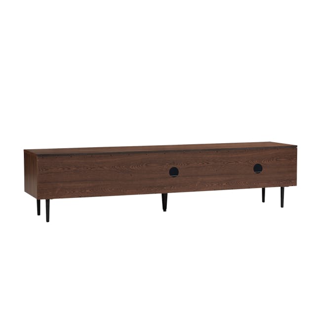 Herta TV Console 1.8m - Walnut - 7 - Wooden side table with dark finish, rectangular shape, four legs, black metal feet