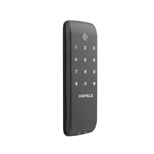 Hafele Gate + Door Lock Bundle: EL7800 + GL6600 - 2 - Black keypad phone with numeric buttons and Hafele branding, Sleek