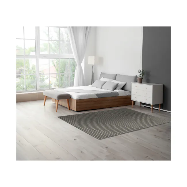Fjord High Pile Rug - Dark Symmetry (2 Sizes) - 2 - Modern minimalist bedroom, large window with white curtains, light