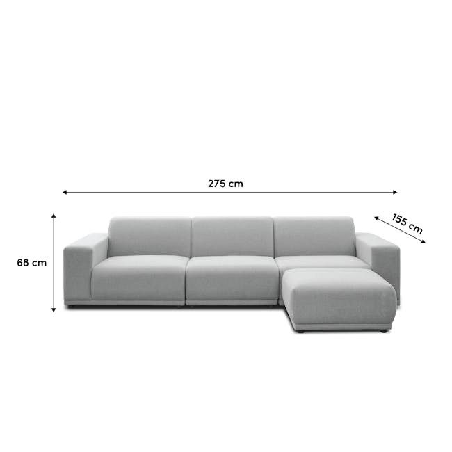 Milan 4 Seater Sofa with Ottoman - Ivory (Fabric) - 20 - Grey sectional sofa, 275 cm total length, 155 cm seat width, 68 cm