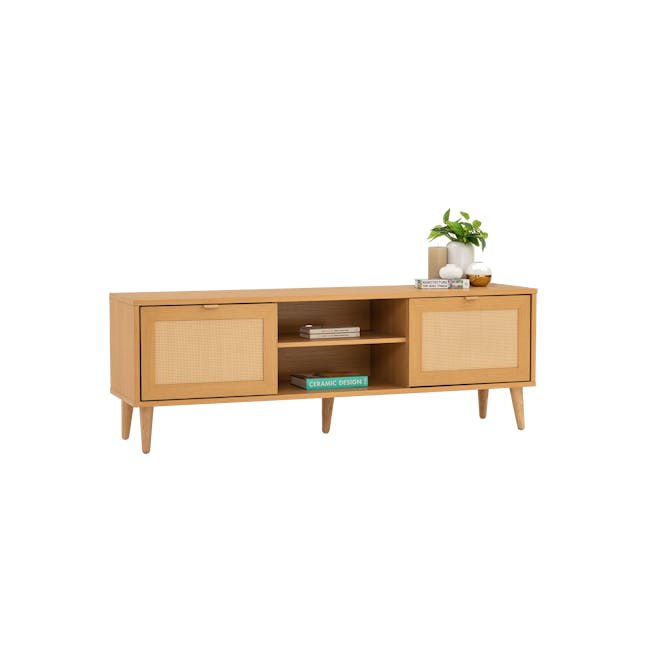 Dayne Rattan TV Console 1.5m - 3 - Wooden sideboard, minimalist design, light wood finish, open shelving, decorative books