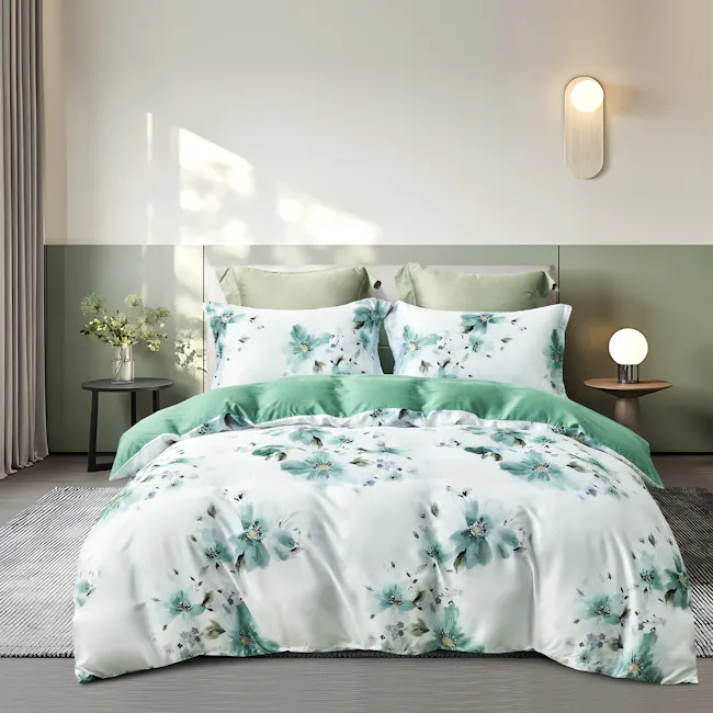 Verdant 5-pc Tencel Bedding Set (2 Sizes) - 4 - Modern bedroom with elegant floral bedding, soft green and white color